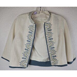 Authentic Mid-Century Moygashel Irish Linen Jacket Crop Bolero Embroidery...